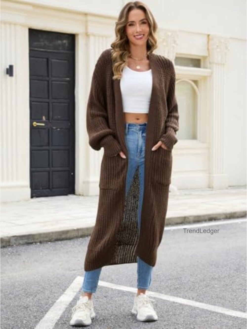Oversized Long Cardigan Sweater Open Front Knit Coat with Pockets - Picture 4 of 7